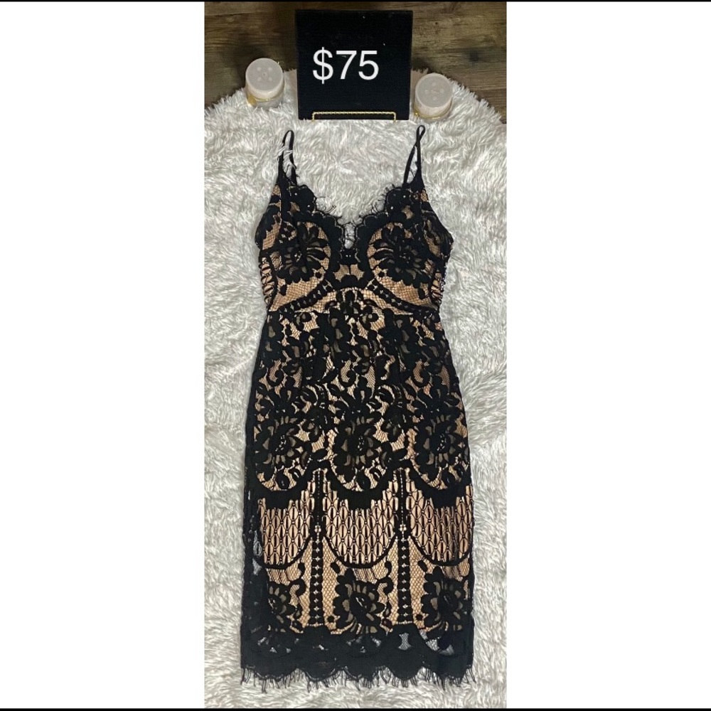 Black With Nude Lace Spaghetti Strap Dress